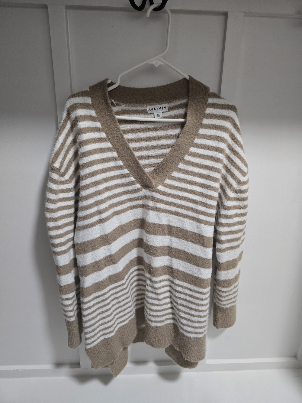 White and Tan Striped V-Neck Sweater